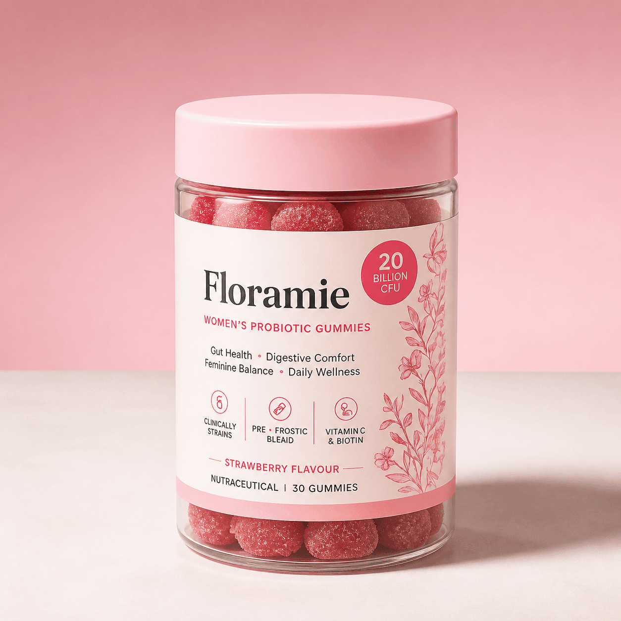 Angled Floramie Women's Probiotic Gummies jar