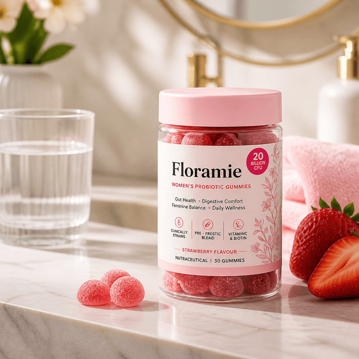 Floramie gummies jar in a calm morning wellness routine
